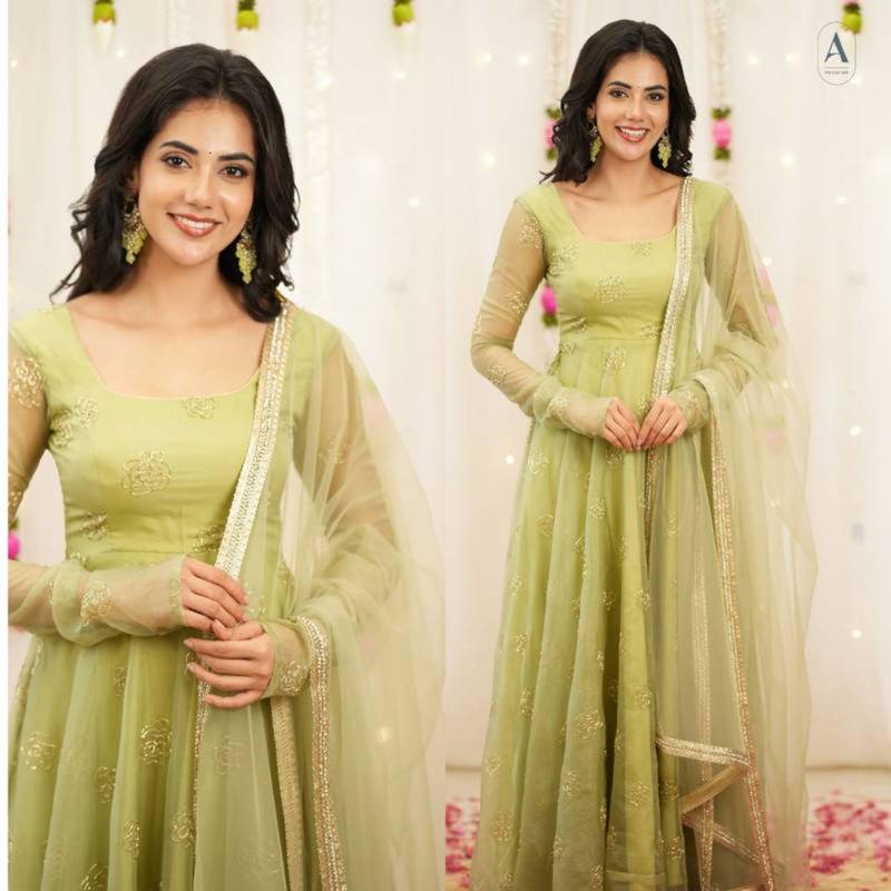 Light green silk blend embroidered salwaar kameez set