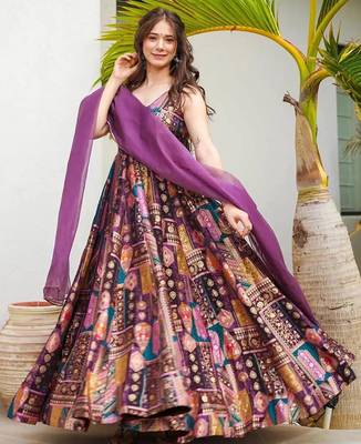 Purple art silk digital print gown set 1