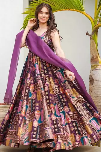 Purple art silk digital print gown set
