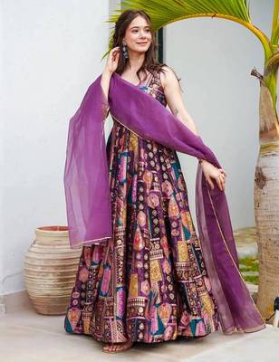 Purple art silk digital print gown set 2