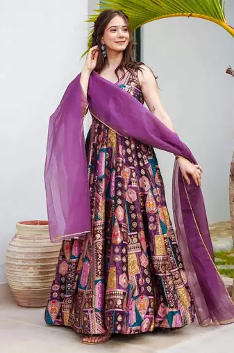 Purple art silk digital print gown set