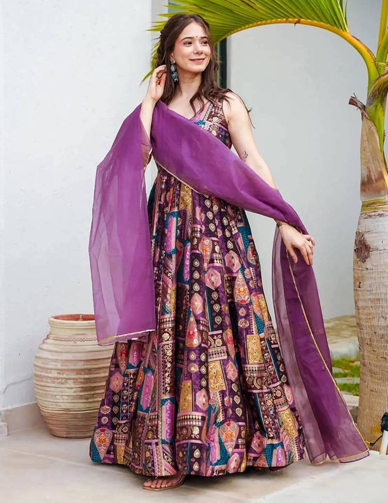 Purple art silk digital print gown set
