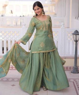 Light green silk blend embroidered palazzo set 1