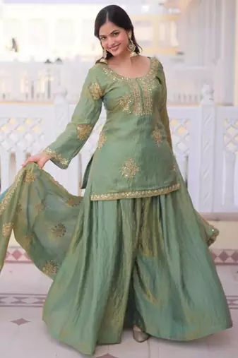 Light green silk blend embroidered palazzo set