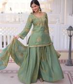 Light green silk blend embroidered palazzo set