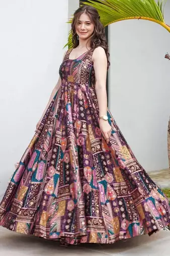 Purple art silk digital print gown set