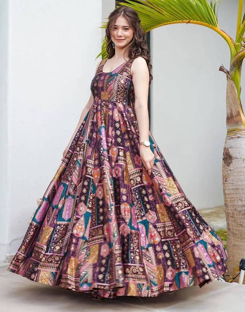 Purple art silk digital print gown set
