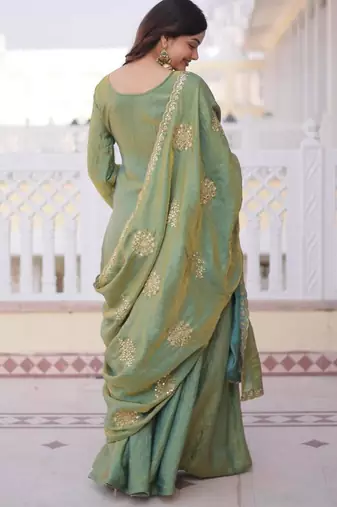 Light green silk blend embroidered palazzo set