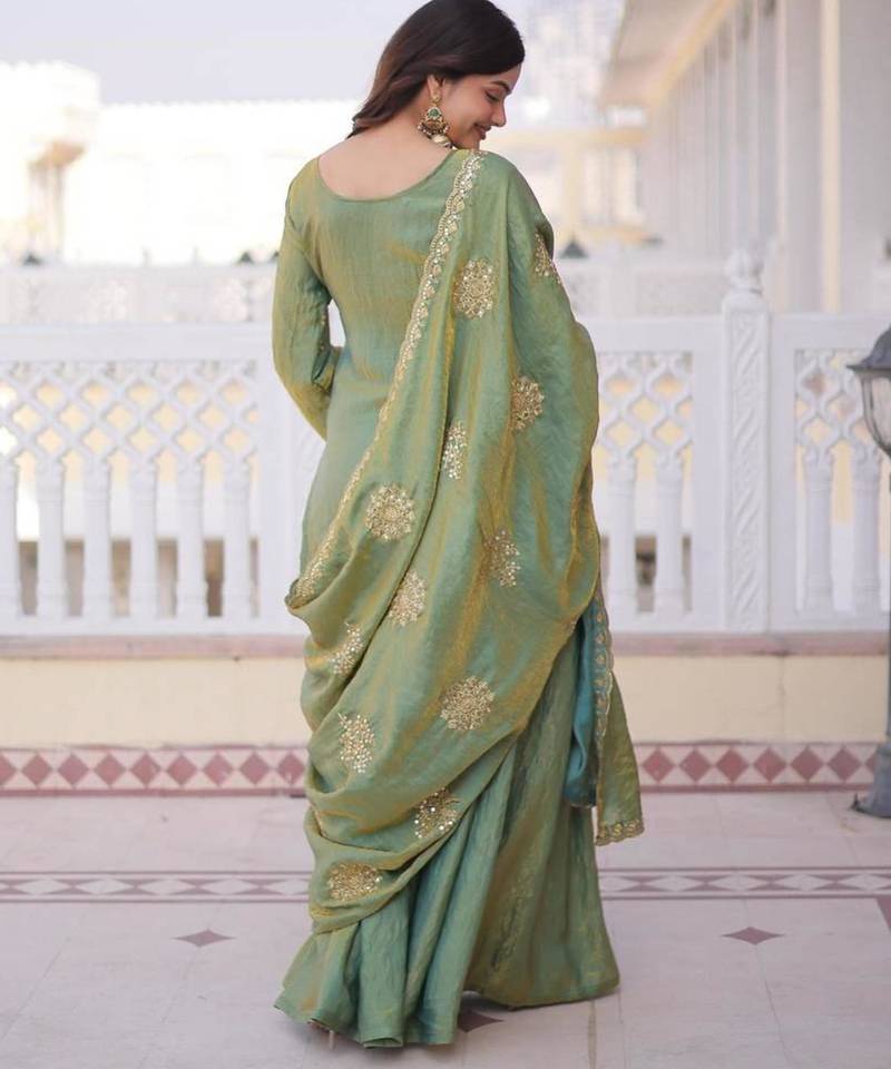 Light green silk blend embroidered palazzo set