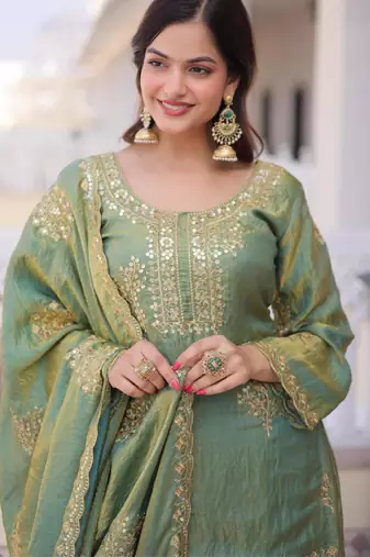 Light green silk blend embroidered palazzo set