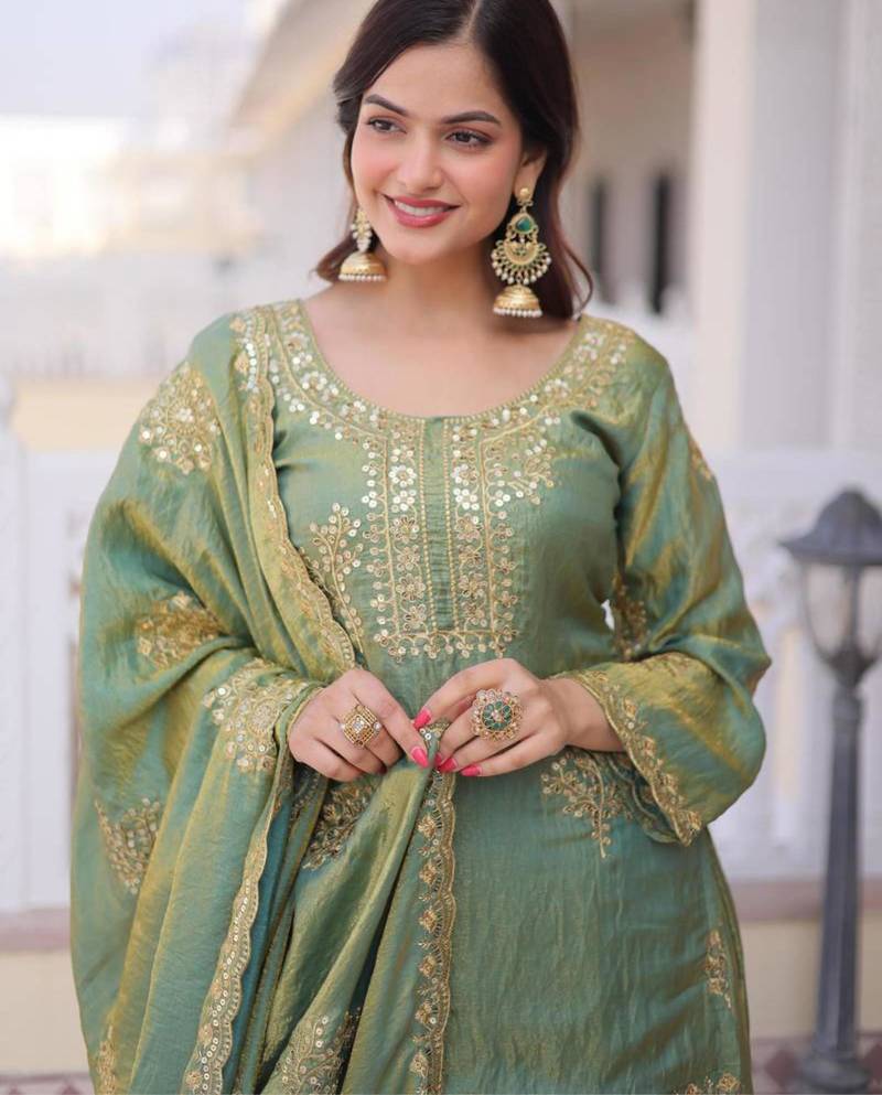 Light green silk blend embroidered palazzo set