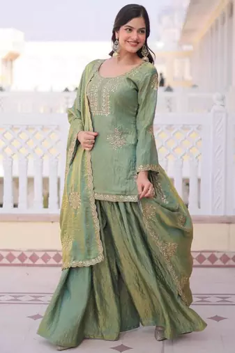 Light green silk blend embroidered palazzo set