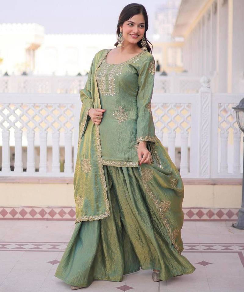 Light green silk blend embroidered palazzo set