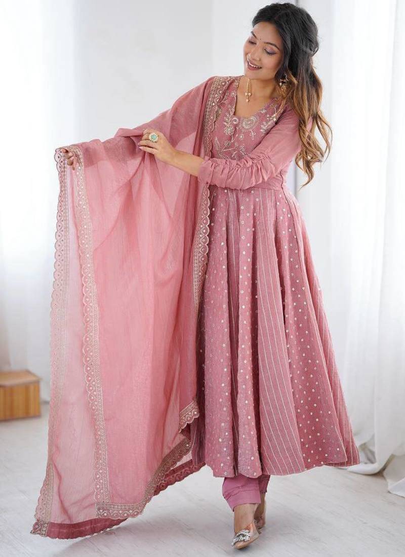 Baby pink faux georgette embroidered gown set
