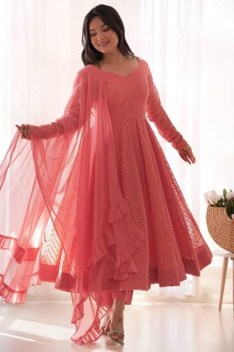 Peach georgette thread embroidery anarkali set