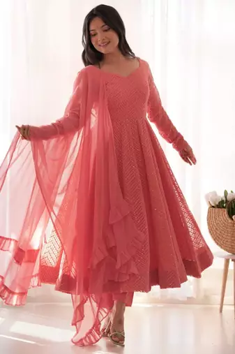 Peach georgette thread embroidery anarkali set