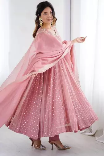 Baby pink faux georgette embroidered gown set