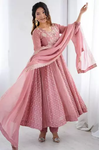 Baby pink faux georgette embroidered gown set