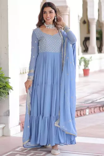 Blue georgette embroidered gown set