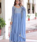 Blue georgette embroidered gown set