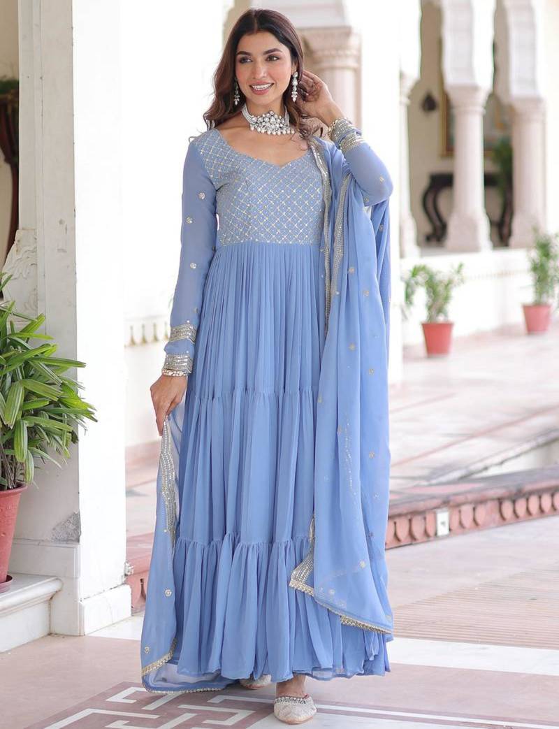 Blue georgette embroidered gown set