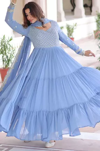 Blue georgette embroidered gown set