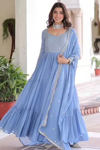 Blue georgette embroidered gown set