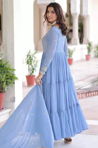 Blue georgette embroidered gown set