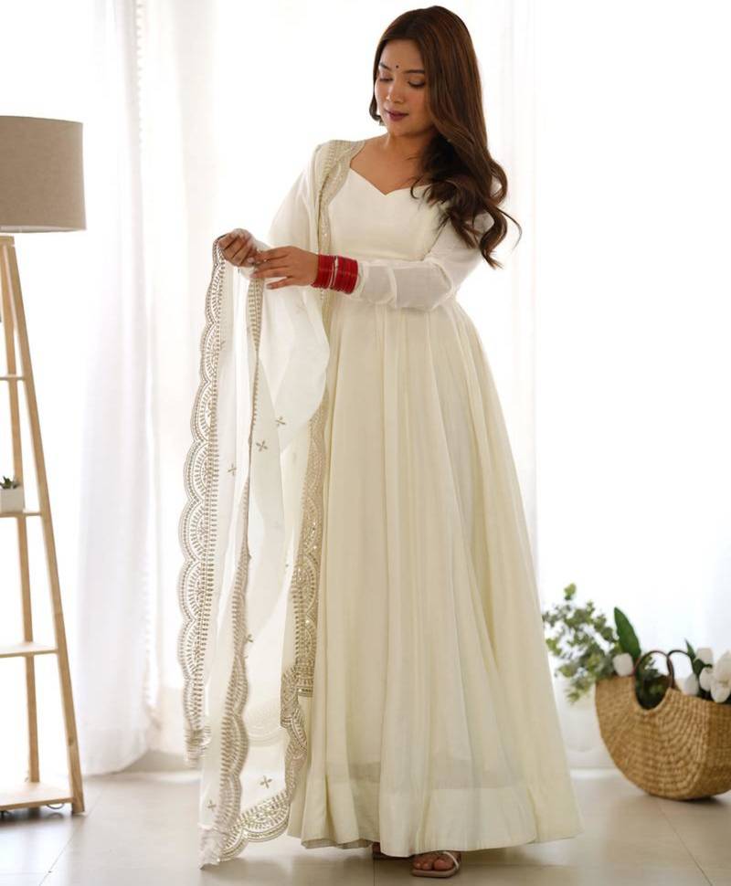 White silk blend embroidered anarkali suit