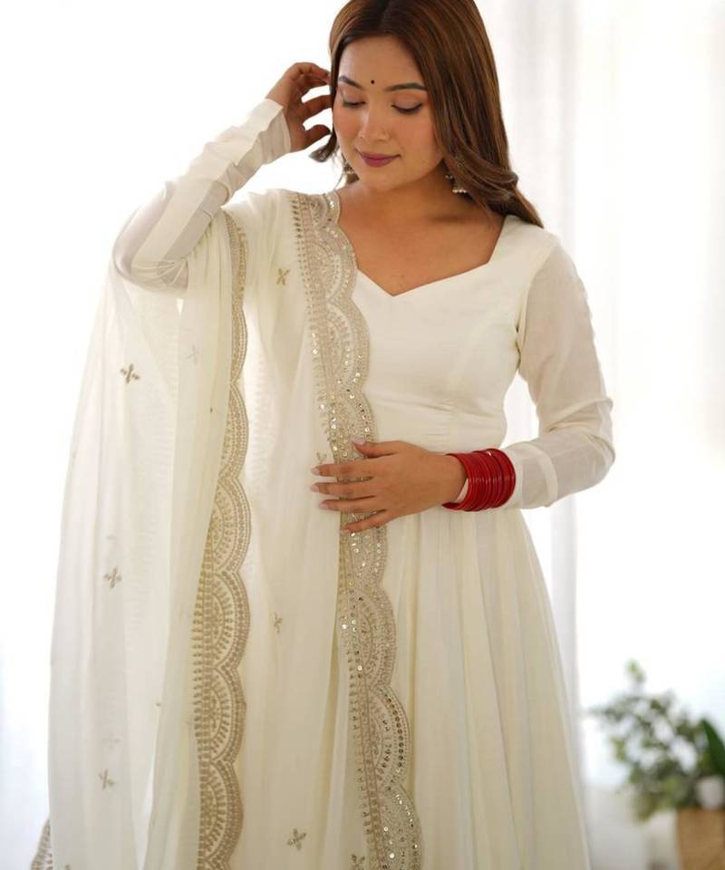 White silk blend embroidered anarkali suit