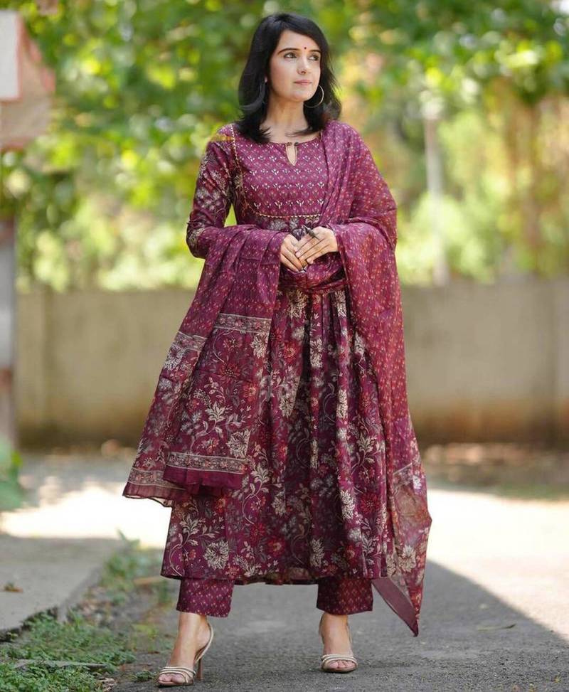 Maroon rayon printed kurta set