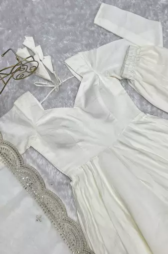 White silk blend embroidered anarkali suit