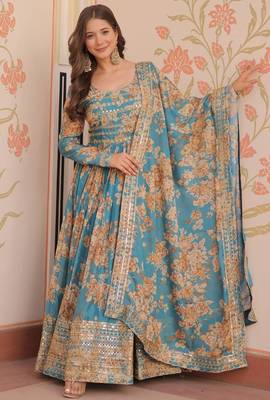 Sky blue silk blend floral print gown set 1