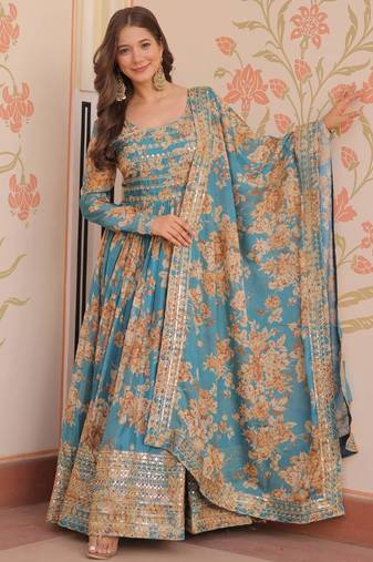 Sky blue silk blend floral print gown set