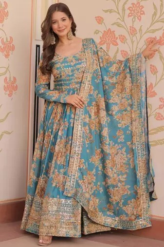 Sky blue silk blend floral print gown set