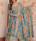 Sky blue silk blend floral print gown set