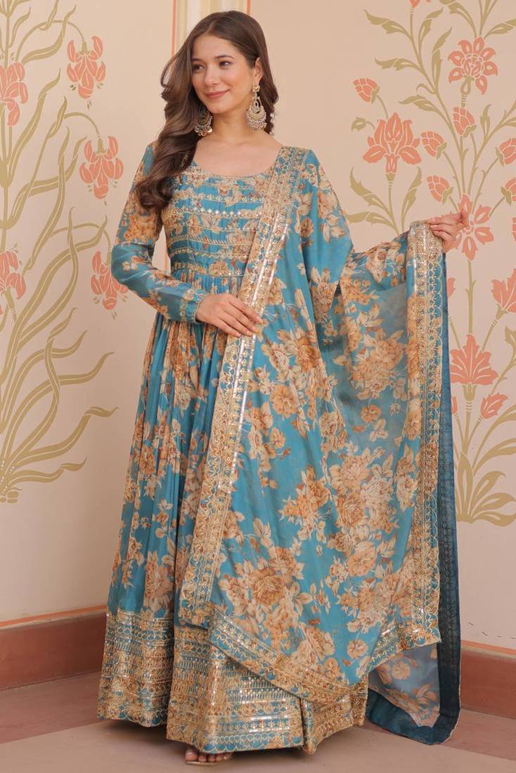 Sky blue silk blend floral print gown set