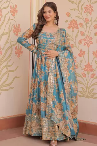 Sky blue silk blend floral print gown set