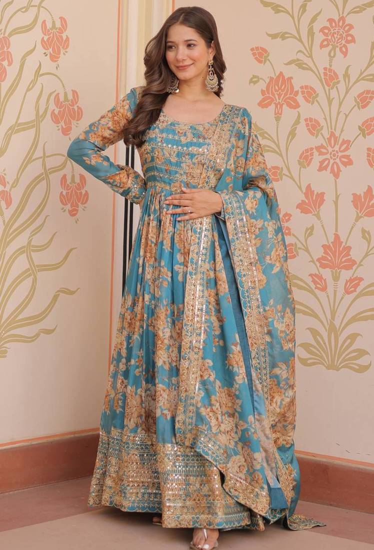 Sky blue silk blend floral print gown set