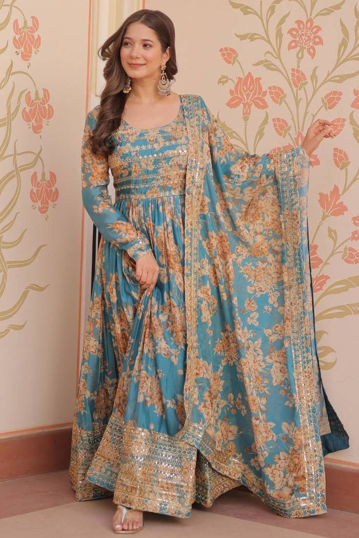 Sky blue silk blend floral print gown set