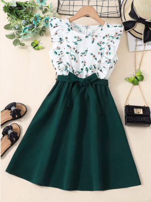 Green floral print cotton blend fit & flare girls dress 1