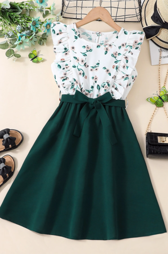 Green floral print cotton blend fit & flare girls dress