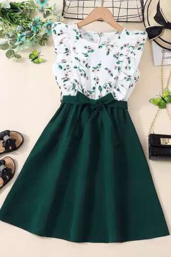 Green floral print cotton blend fit & flare girls dress