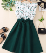Green floral print cotton blend fit & flare girls dress