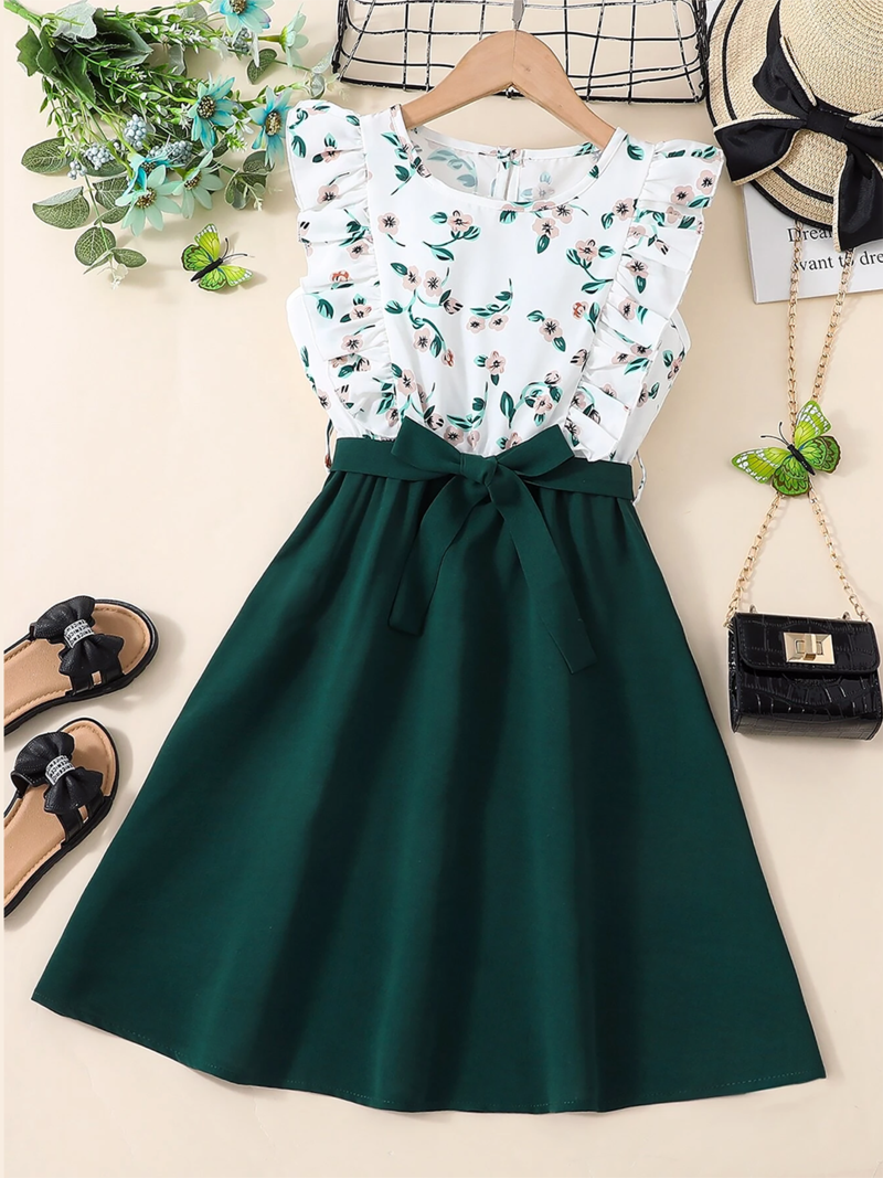 Green floral print cotton blend fit & flare girls dress