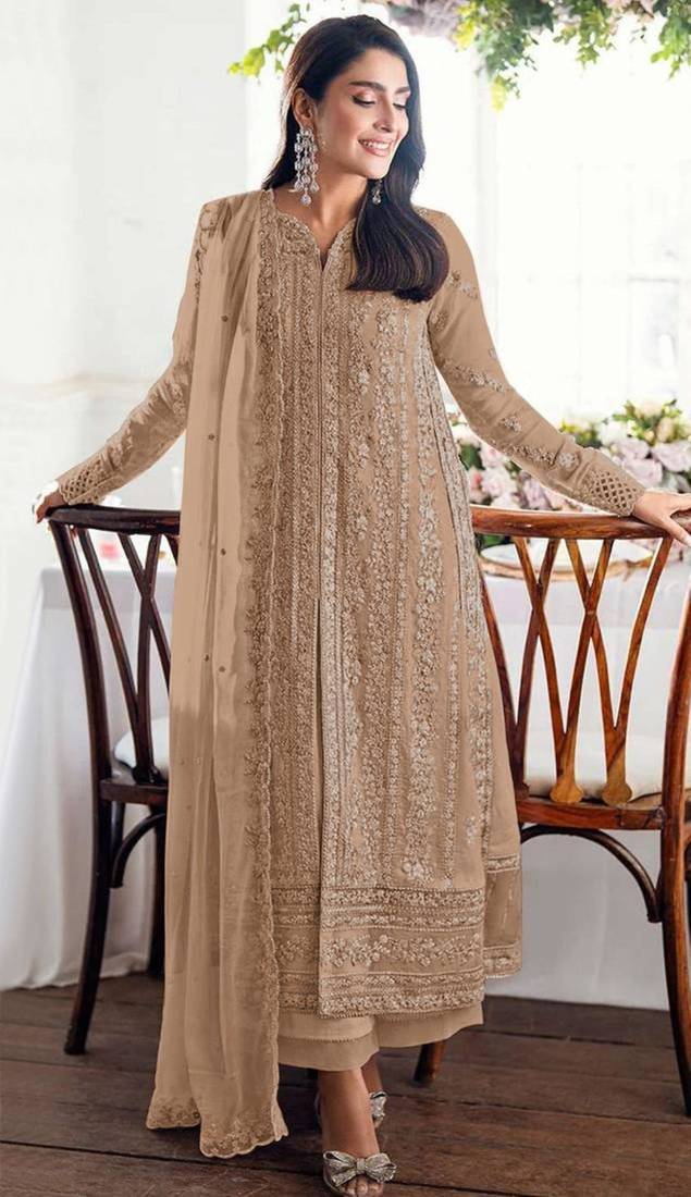Beige georgette embroidered salwaar kameez set