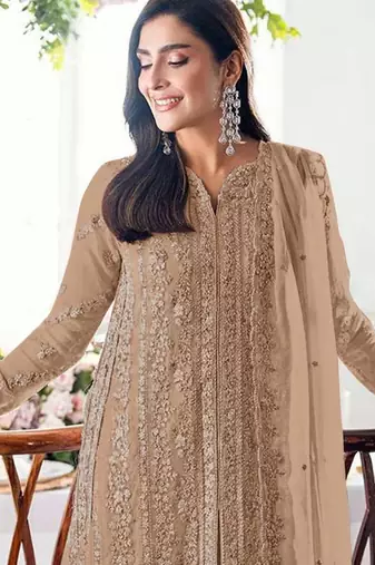 Beige georgette embroidered salwaar kameez set