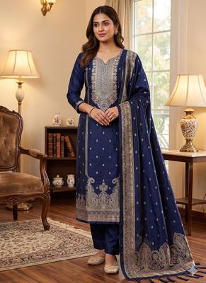 navyblue silk blend zari woven dress material 1