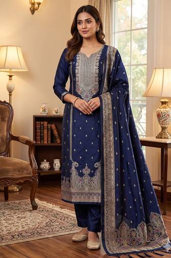 navyblue silk blend zari woven dress material