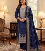 navyblue silk blend zari woven dress material